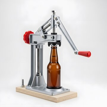 Manual Bottle Capper with Lever Home Brewing Beer Bottling Press Machine on Wooden Base with Brown Glass Bottle
