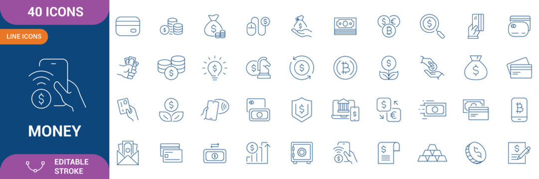 Money Icon Set. Containing cash, saving, wallet, transfer, withdraw, payment, deposit, banking, finance, transaction, credit card, debit card, online banking and etc. Editable stroke. Vector