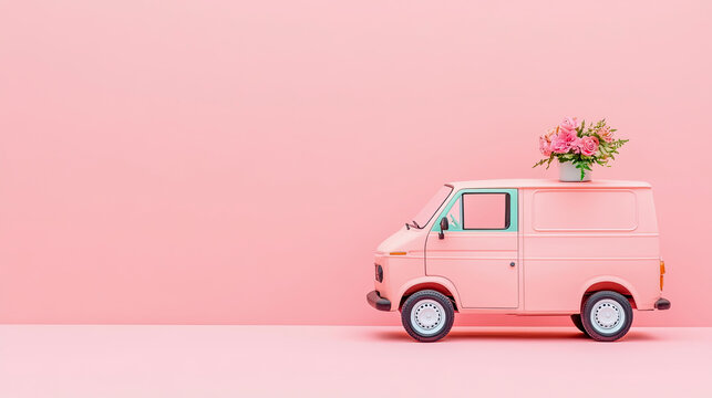 Charming pastel pink van is adorned with bouquet of vibrant pink roses and delicate greenery on its roof, set against minimalist backdrop of soft pink hues, embodying sweet and stylish delivery servic