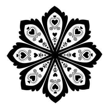 Intricate circular floral rosette with heart motifs in traditional Slavic folk art style