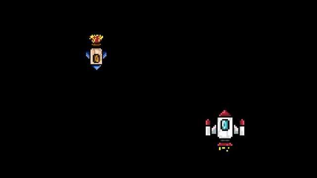 Pixel art animation with a spaceship flying and shooting at enemy ships on a black background.