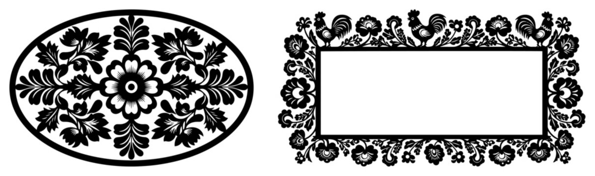 Decorative oval medallion and rectangular frame with roosters and floral folk ornaments