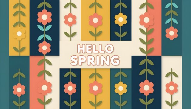 Hello spring celebrating the first day of spring with flowers and greenery, Playful Spring Hello Spring Greeting with Floral Pattern on Colorful Background