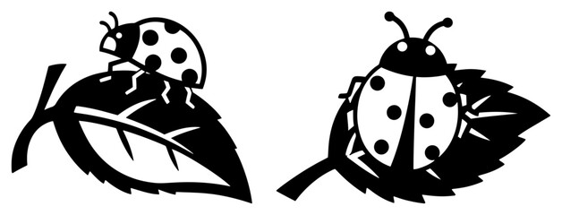 Two decorative ladybugs crawling on leaves in stylized folk silhouette style © Katarzyna