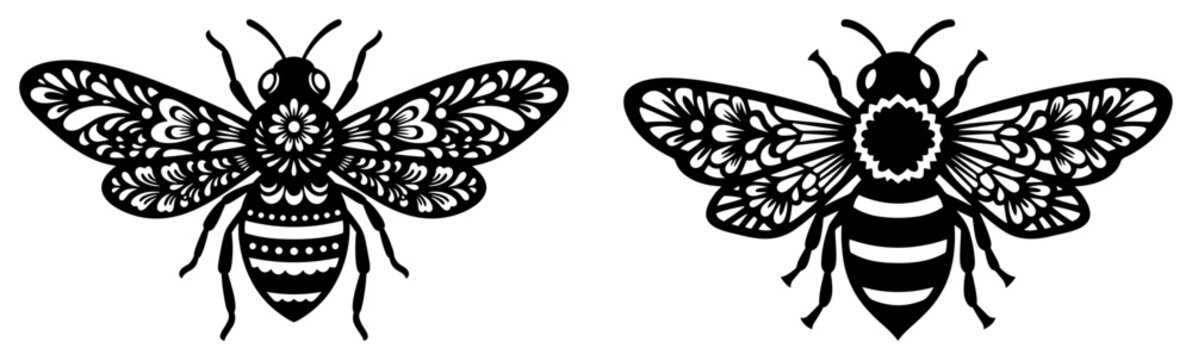 Detailed honey bee illustrations with ornate folk art wing patterns