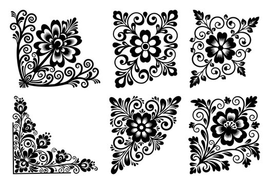 Set of ornate floral corner ornaments in traditional Slavic folk embroidery style