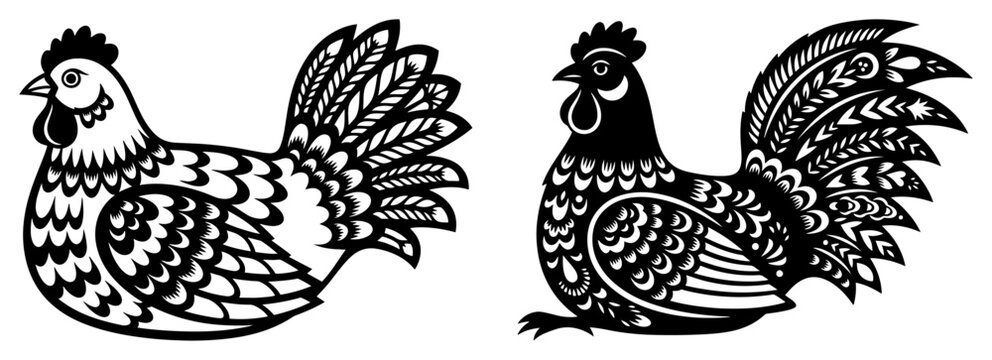 Detailed folk art hen and rooster illustrations with intricate feather patterns in Slavic style