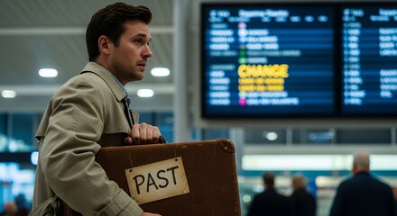 Fototapeta premium Man clutching worn suitcase labeled past while airport departure board flashes change emotional hesitation moment cinematic travel concept sharp clarity