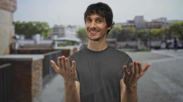 Young man in gray t shirt beckoning with outstretched bare hands on a busy city street beside brick wall; friendly invitation.