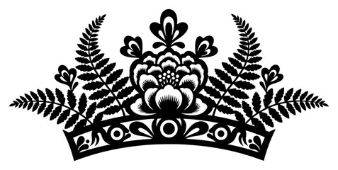 Symmetrical floral crown featuring fern leaves and blooming flowers in folk style © Katarzyna