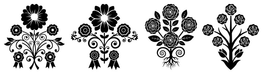 Collection of symmetrical floral tree of life ornaments in Slavic folk art style