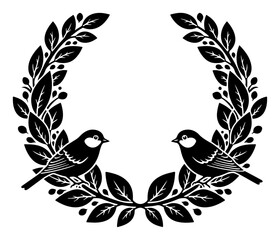 Decorative leaf wreath with two symmetrical birds in Slavic folk art style