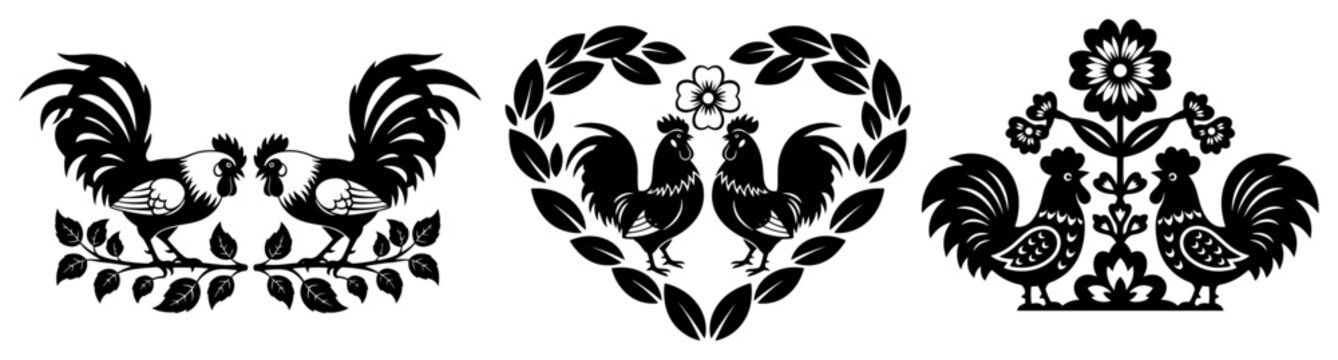 Set of decorative rooster compositions including a floral heart in traditional Polish folk style