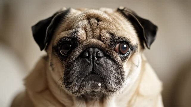 Close-up of a Cute Pug Dog with Curious Eyes Looking Directly at the Camera, Sniffing and Snorting