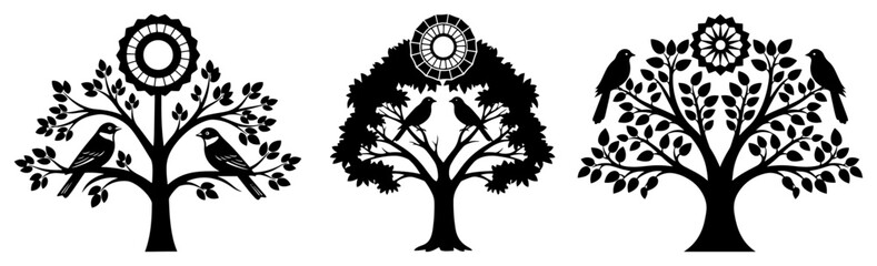 Set of traditional Slavic tree of life motifs with birds and sun symbols © Katarzyna