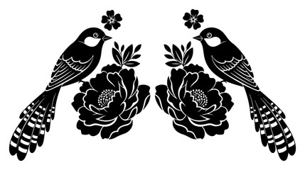 Symmetrical pair of birds perched on large blooming peonies in traditional Polish folk style © Katarzyna