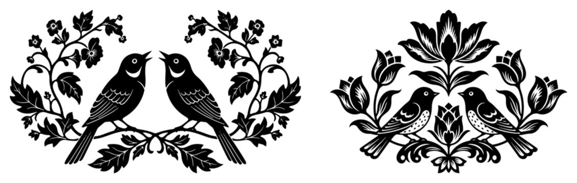 Pair of decorative bird and floral compositions in traditional Slavic embroidery style