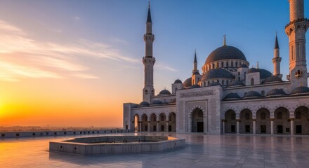 Fototapeta premium A grand, ornate mosque with a golden dome and intricate architecture, set against a vibrant sunset sky.