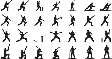 Professional Cricket Player Action Silhouettes Icon Collection