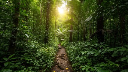 Obraz premium Sunlight filters through lush green rainforest canopy onto a jungle path.