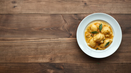 Piatto di ravioli artigianali in salsa con foglie di basilico fresco servito su un tavolo di legno rustico. Generative AI 