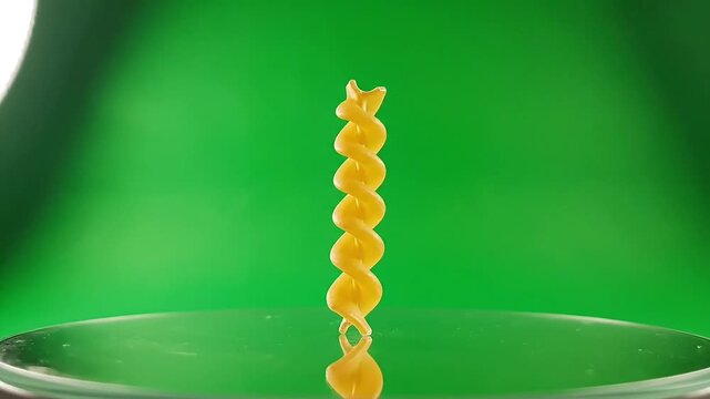 Golden pasta strand twists elegantly against a vibrant green backdrop, a culinary creation in motion.