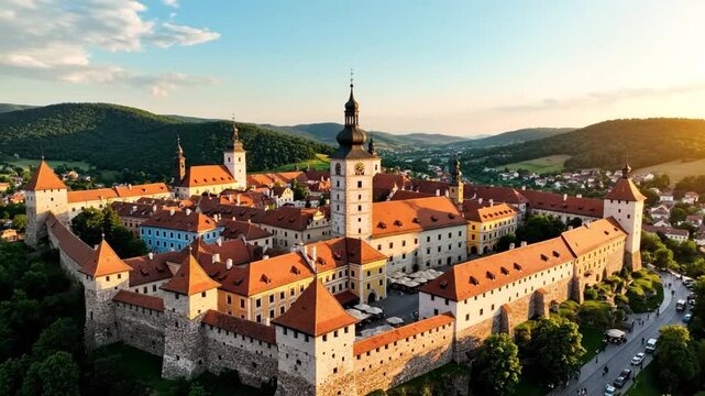 Aerial view of the Telc UNESCO World Heritage Site in the Czech Republic, showcasing stunning architecture during a sunset.