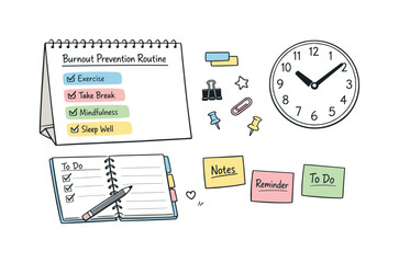 Desk calendar page, notebook, sticky notes and a wall clock, checkmarks and event blocks for Burnout prevention routine with tabs
