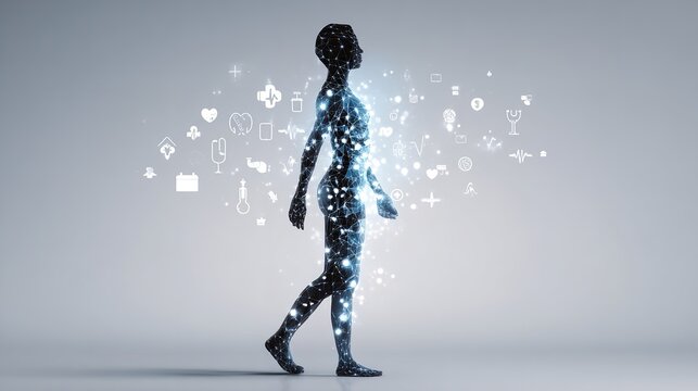 Silhouette of a Walking Person with Data Icons
