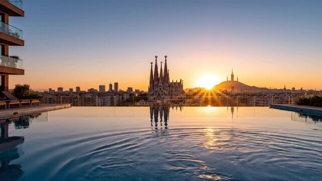 Barcelona rooftop pool sunrise overlooking Sagrada Familia and cityscape during golden hour