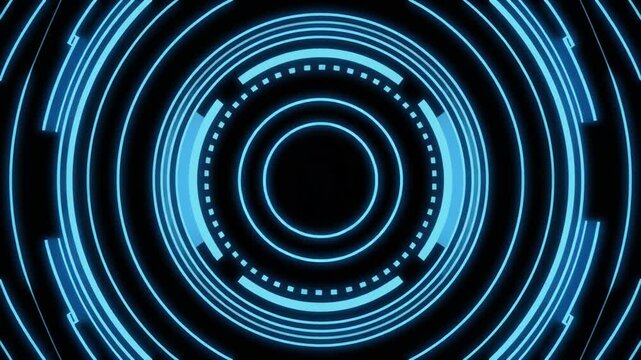 Futuristic digital circles rotating around a central void in a dark environment viewed from directly above