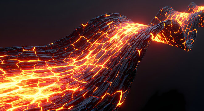 A glowing stream of molten lava with fiery cracks twists dynamically against a dark background.
