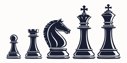 A collection of chess pieces arranged in a row, showcasing the king, queen, rook, bishop, knight, and pawn. Vector © Rabbi