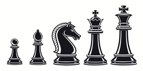 Chess pieces arranged in ascending order from pawn to queen on a black and white board Vector © Rabbi