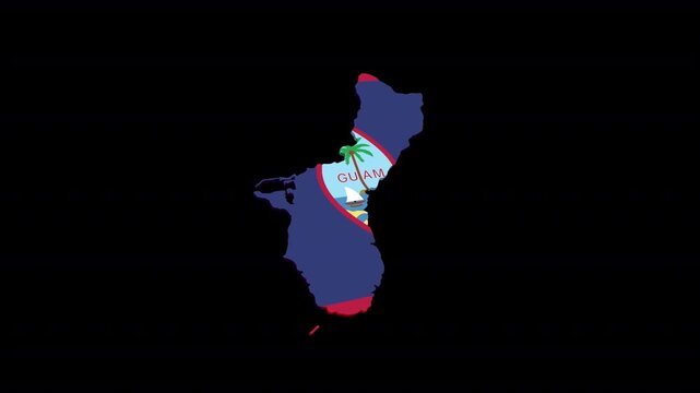 Guam Geographic Map Animation Filled with National Flag, Alpha Channel Included