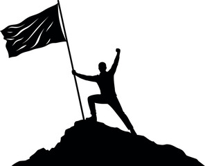 Fototapeta premium Silhouette of a person triumphantly holding a flag on top of a mountain