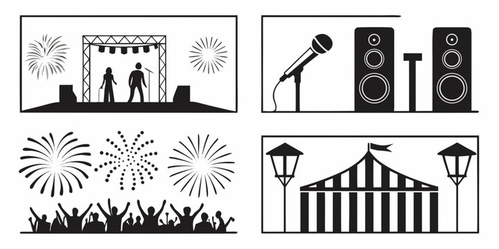 A vibrant illustration showcasing various elements of a concert and music festival. Vector