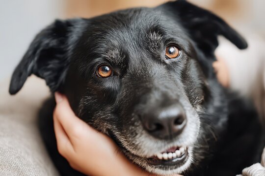 Close-up portrait of a lovable black dog being gently petted by a child's hand, capturing the bond and affection between them, creating a heartwarming moment.