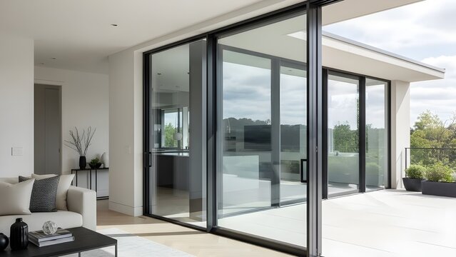 Modern living room interior with large sliding glass doors and terrace