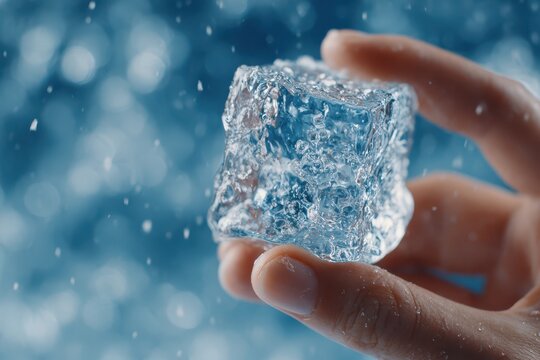 Macro shot of a hand holding a translucent ice cube with water droplets against a blue background, showcasing its intricate texture and refreshing qualities, creating a cool and refreshing aesthetic.
