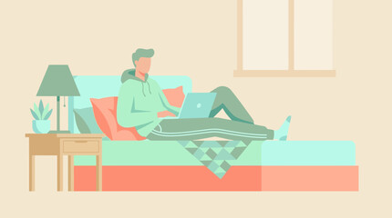 Fototapeta premium Flat vector: man working remotely on laptop from bed, a cozy 'work from anywhere' scene.
