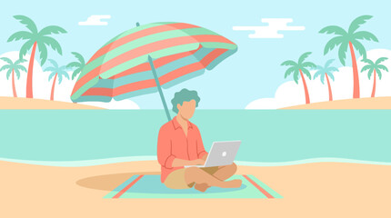 Fototapeta premium Bright vector art: man on laptop under umbrella on tropical beach, remote work freedom.