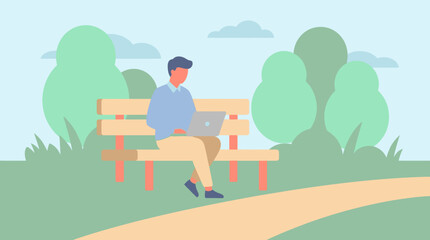A vector illustration shows a man working on his laptop on a park bench, embodying the remote work from anywhere concept in a calm, flat design.