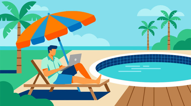 Vector illustration of a man working remotely on a laptop by a pool, embracing 'work from anywhere'.