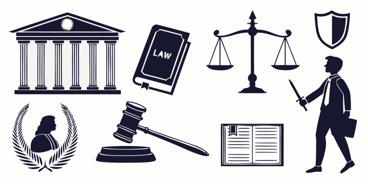 Diverse symbols representing various aspects of the legal system and justice Vector