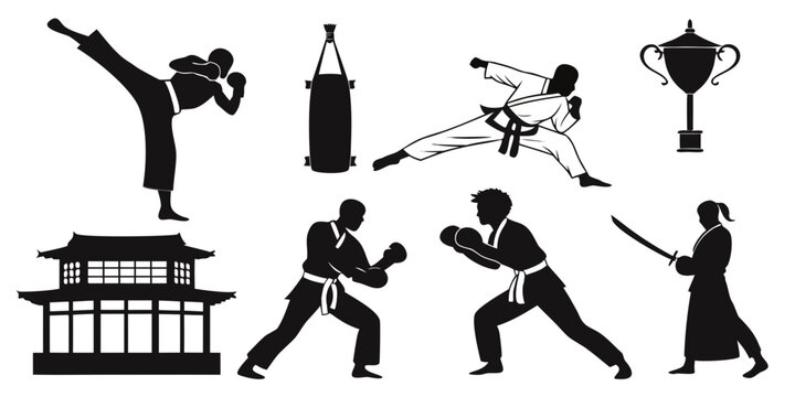 A collection of martial arts icons and symbols representing various disciplines and techniques. Vector