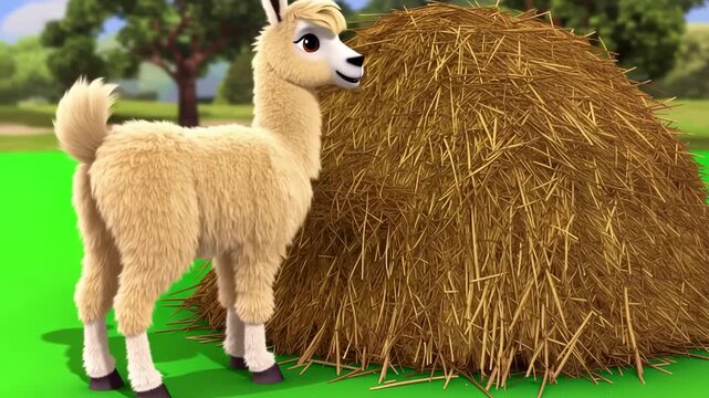 Animated llama standing near haystack on green pasture background in cartoon style for children and animal themes