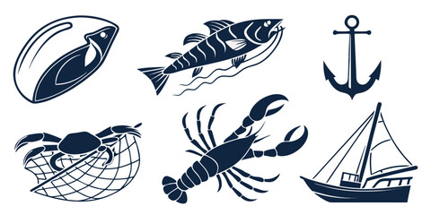 Assorted sea creatures including fish, squid, and an anchor Vector © Rabbi