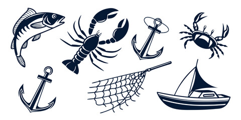 Illustration of various sea creatures including a seahorse, jellyfish, and starfish Vector © Rabbi