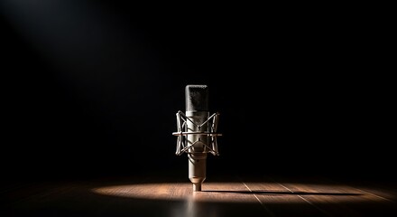 Obraz premium microphone on a wooden stage lit by a spotlight.